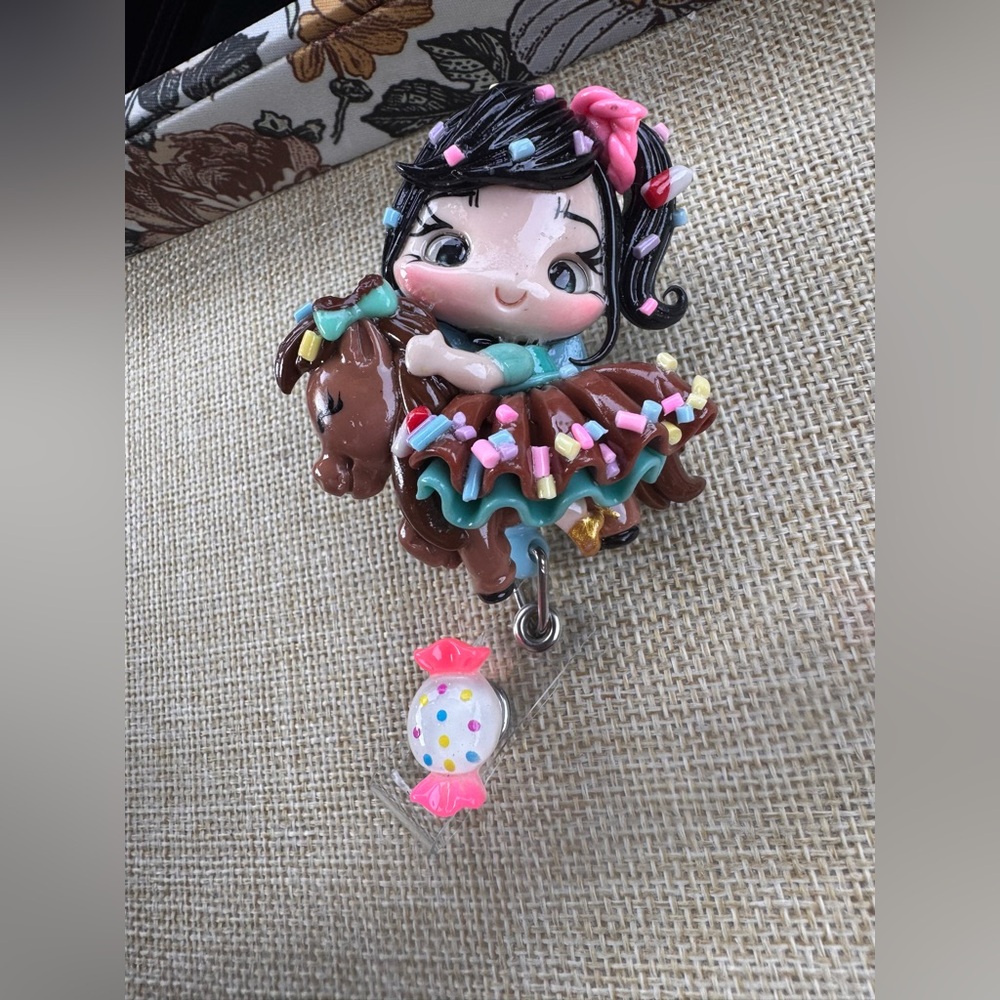 Girl Riding Horse Badge Reel in Brown & Teal - Picture 2 of 3